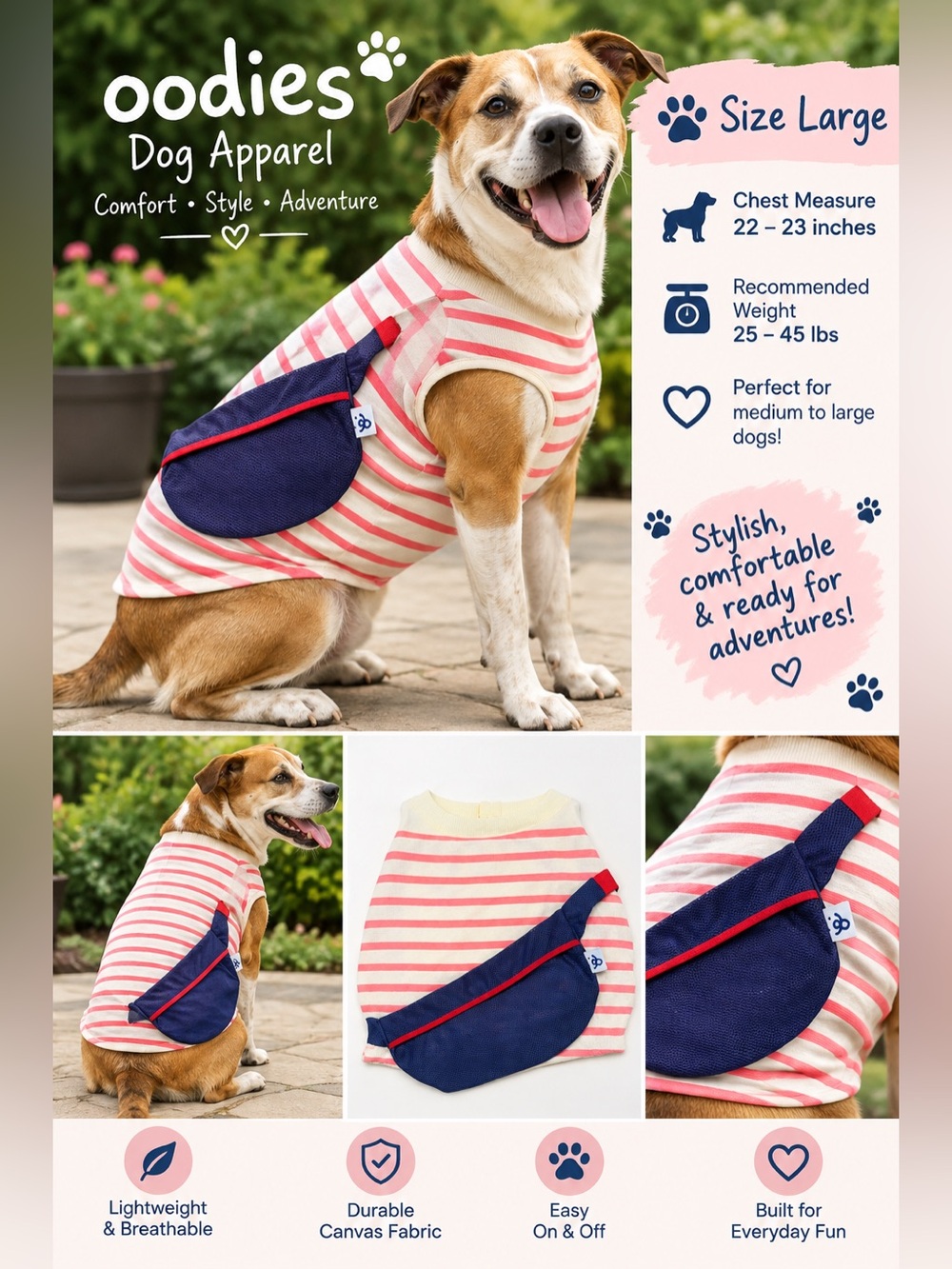 Oodles Dog Shirt Outfit Size Large Striped Top with Navy Pouch 25-45 Lbs